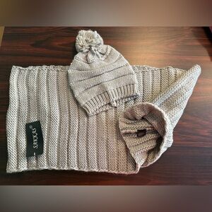 NWT Sakkas Knit Hat Infinity Scarf Set Lt Gray Bling Pom Pom Beanie Winter  Warm